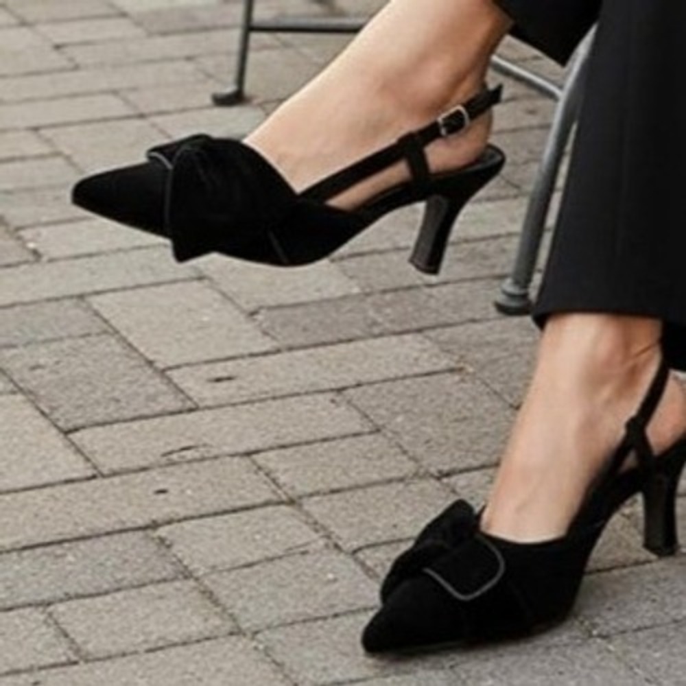 CAMSCOO Black Suede Pointed Toe Slingback Bow Kitten Heels Women Size 7.5 - Picture 3 of 12
